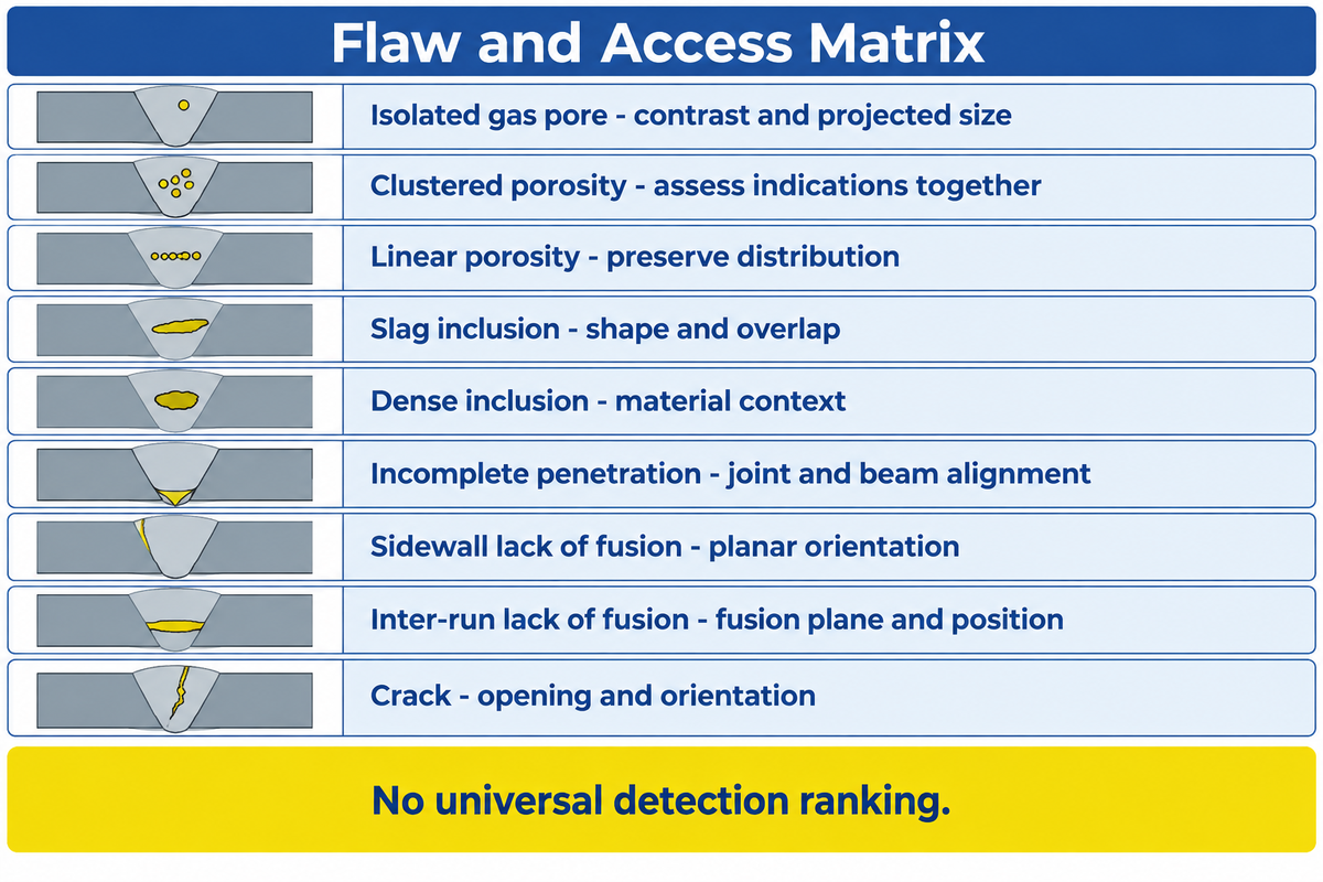 Flaw families require different geometry and evaluation checks; editorial matrix based on TWI and ASNT.