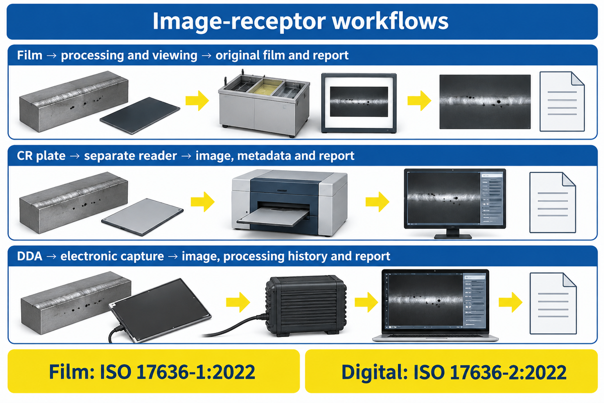 Film, CR and DDA have different processing and record routes; based on ISO and ASNT method descriptions.