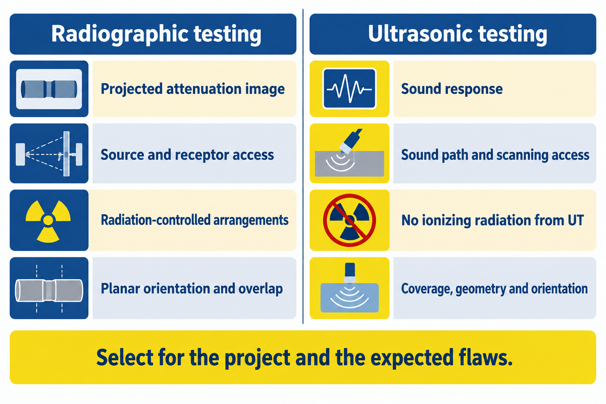 RT and UT offer different evidence and access conditions; comparison based on ISO 17635 and the cited test-plate study.