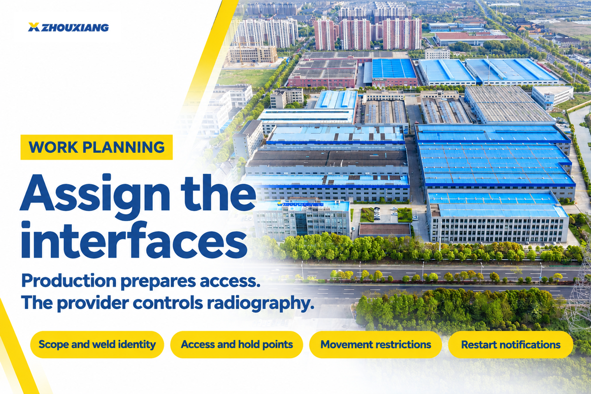 Production owns readiness and handover interfaces; radiography controls remain with its authorized provider, shown over a Zhouxiang factory photo.