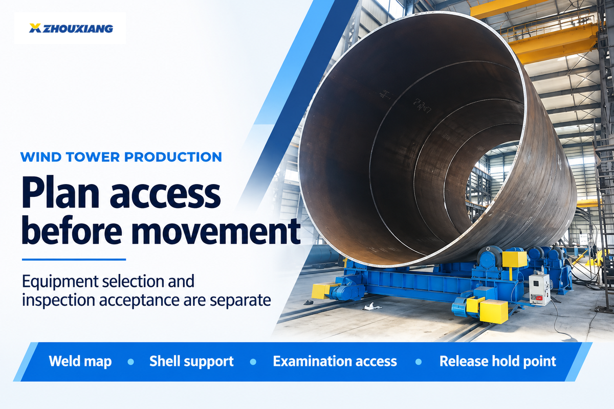 Tower-shell support and examination access must fit the hold point; planning synthesis over a Zhouxiang production-line photo.