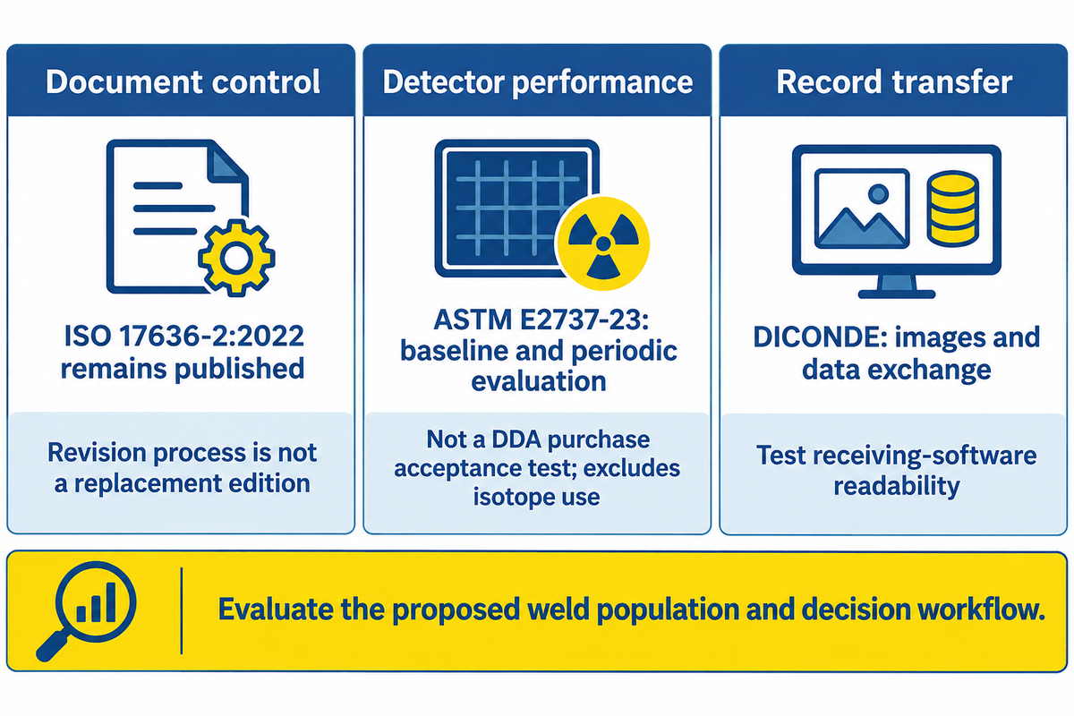 Document editions, DDA performance and record exchange have separate scopes; based on ISO, ASTM and Waygate source descriptions.