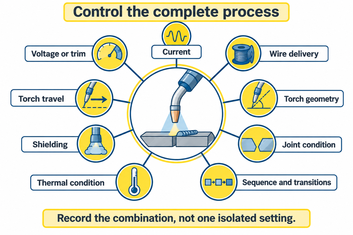 Nine robot welding parameter families form one controlled combination