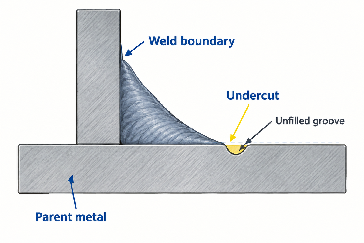 Distinguishes the actual parent-metal recess from low weld fill; geometric illustration not a measurement scale.