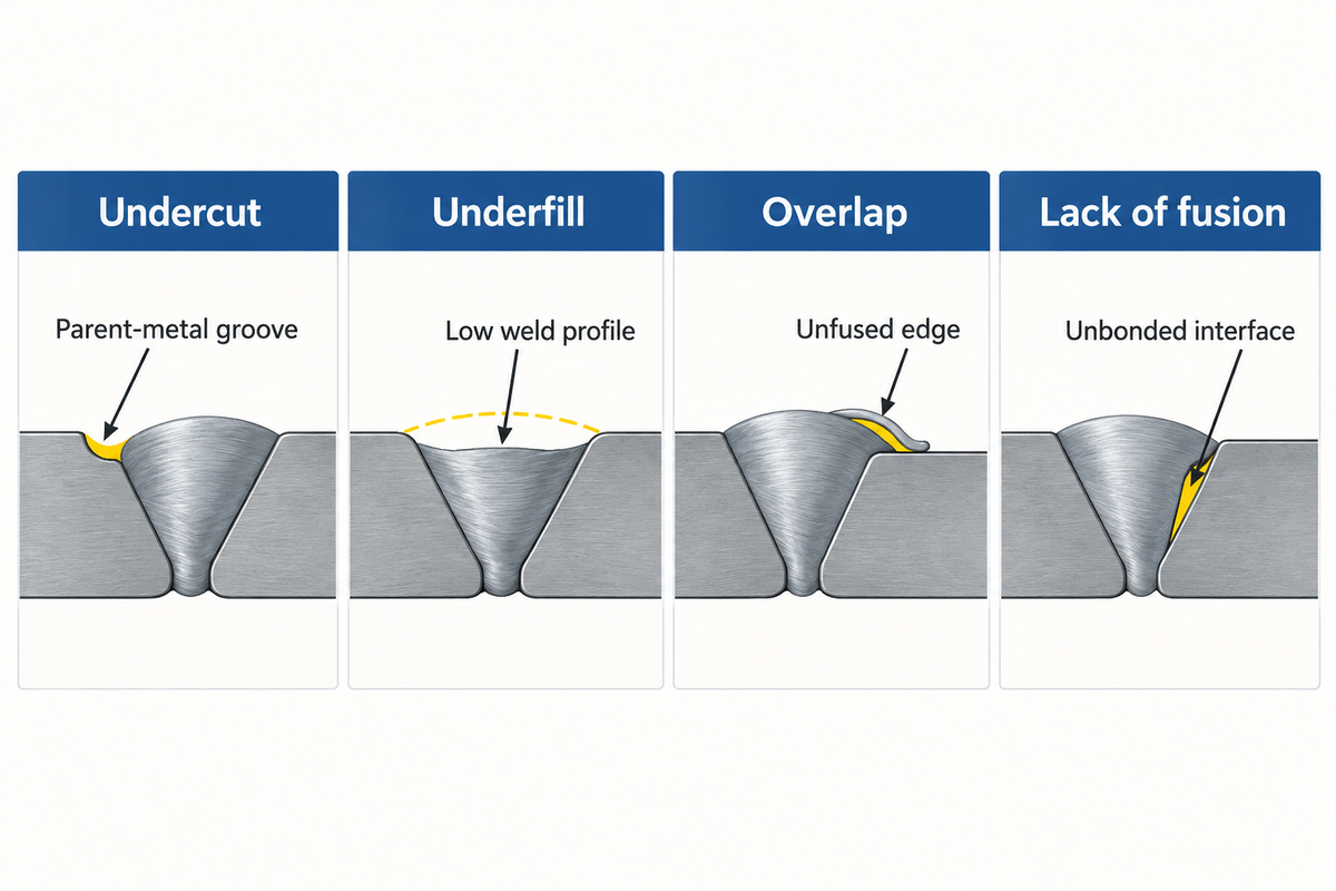 Separates parent-metal loss, insufficient fill and unfused interfaces so readers choose the correct evidence.