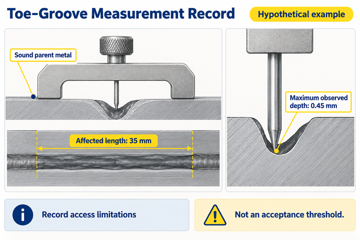 Depth and affected length are independently measured and recorded; the example is explicitly not an acceptance limit.