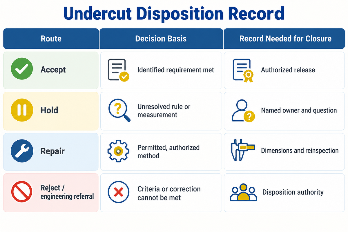 Accept, hold, repair and reject require different bases and close-out evidence.